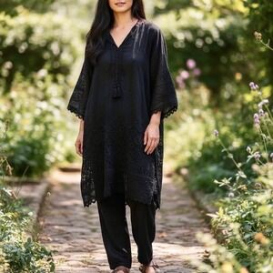 Sadabahar 2 Piece Tunic Set Womens Large Black Eyelet Embroidered Kurta Pants